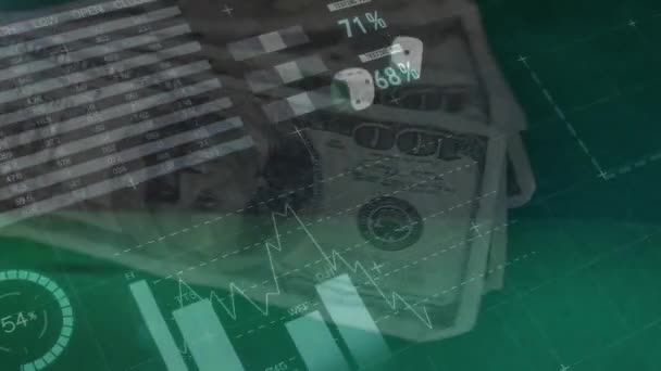 Animación Del Procesamiento Datos Financieros Sobre Dados Billetes Dólar Americanos — Vídeos de Stock