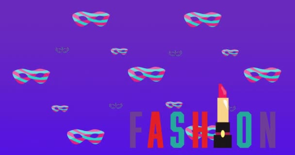 紫色の背景に縞模様の仮面を口紅でファッションテキストのアニメーション ファッション ソーシャルネットワーク デジタルインターフェースの概念デジタル生成ビデオ — ストック動画