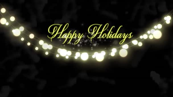 Animation Happy Holidays Text Christmas Fairy Lights Decoration Black Background — Stock Video
