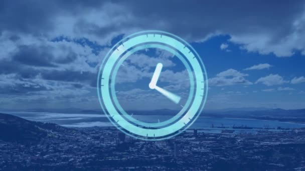 Анимация Часов Быстро Движущихся Ландшафту Глобальные Соединения Концепция Обработки Данных — стоковое видео