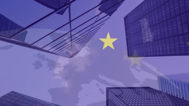 Animación Estrellas Bandera Unión Europea Sobre Mapa Edificios Gran Altura — Vídeo de stock