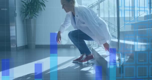 Animation World Map Statistics Tired Female Doctor Sitting Steps Global — Stock Video