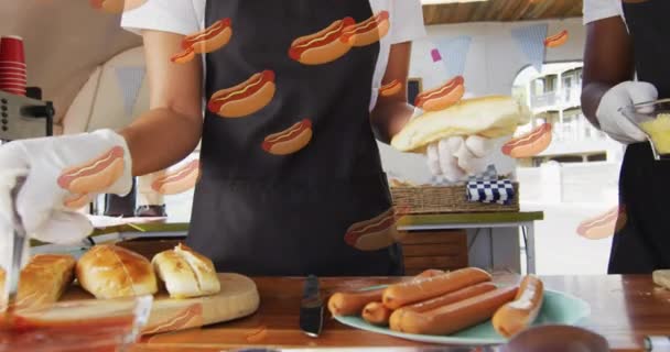 お客様のために食べ物を準備する食品ベンダー上のホットドッグのアニメーション 中小企業食品健康ライフスタイルの概念デジタルで生成されたビデオ — ストック動画