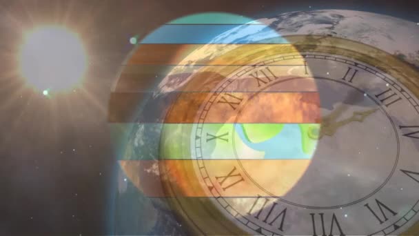 時計の上に多色の惑星地球 太陽系と空間のアニメーション 空間環境時間の概念をデジタルで生成し — ストック動画