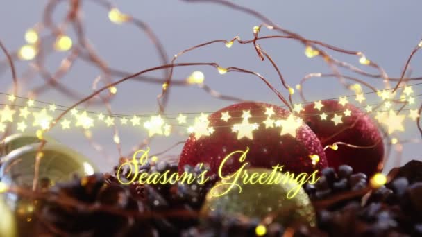 Animatie Van Seizoenen Begroet Tekst Kerstboom Decoraties Kerstmis Traditie Viering — Stockvideo