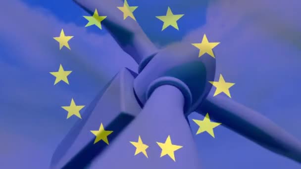 Animación Bandera Unión Europea Sobre Turbina Eólica Giratoria Unión Europea — Vídeo de stock