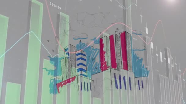 Animação Estatísticas Com Processamento Dados Sobre Paisagem Urbana Conexões Globais — Vídeo de Stock