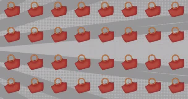 Animation Pink Tote Handbags Repeated Moving Rotating Grey Striped Background — Stock Video