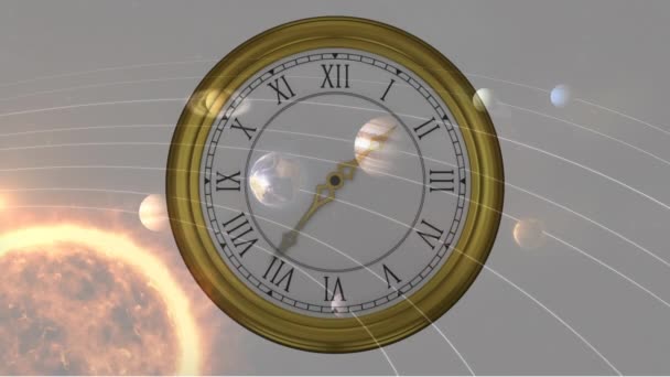 Animation Von Sonnensystemen Planeten Und Weltraum Über Tickenden Uhren Globales — Stockvideo