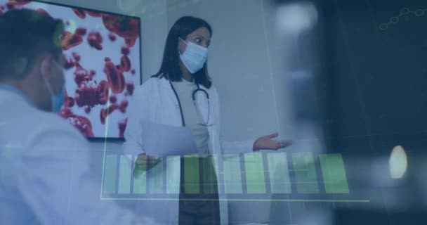 用面罩对19位女医生的面部数据进行了动画化 全球联盟19大流行病和保健概念数字制作视频 — 图库视频影像