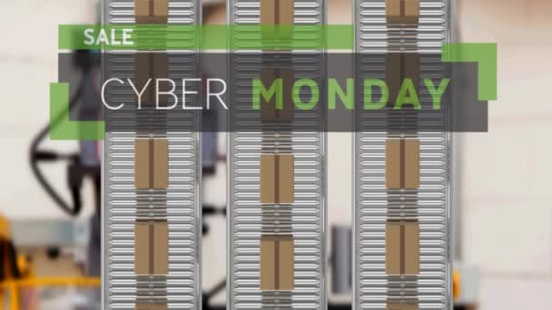 Animatie Van Cyber Monday Tekst Kartonnen Dozen Transportbanden Magazijn Wereldwijd — Stockvideo