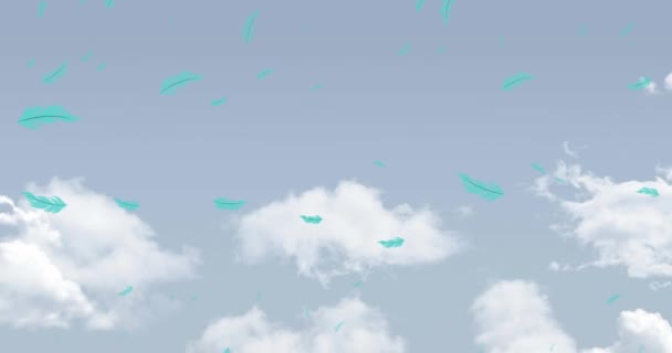 Анімація Блакитного Пташиного Пір Падає Над Похмурим Блакитним Небом Національний — стокове відео