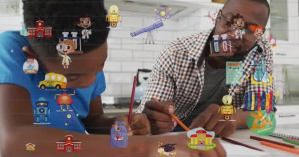 Animasi Ikon Sekolah Atas Ayah Dan Anak Melakukan Pekerjaan Rumah — Stok Video