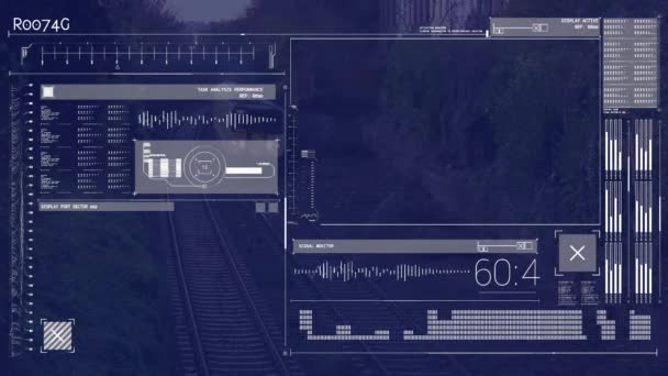 Анимация Обработки Данных Экранах Поездов Глобальный Бизнес Путешествия Производительность Концепция — стоковое видео