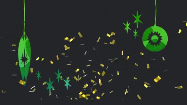 Animación Los Saludos Temporada Texto Con Confeti Oro Decoraciones Verdes — Vídeos de Stock