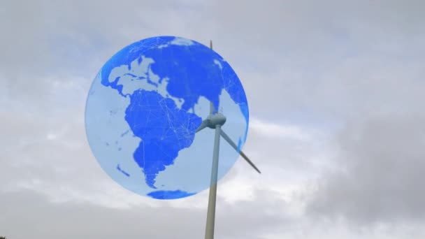 Animation Von Globus Über Windrad Gegen Himmel Globale Erwärmung Klimawandel — Stockvideo