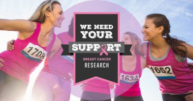 Arka planda mutlu bayan sporcuların yer aldığı meme kanseri farkındalığı sloganı. Göğüs kanseri farkındalığı kampanyası ve birlik konsepti.