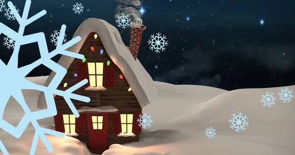 Složení Sněhových Vloček Zasněženým Osvětleným Domem Noci Vánoční Slavnost Tradice — Stock fotografie