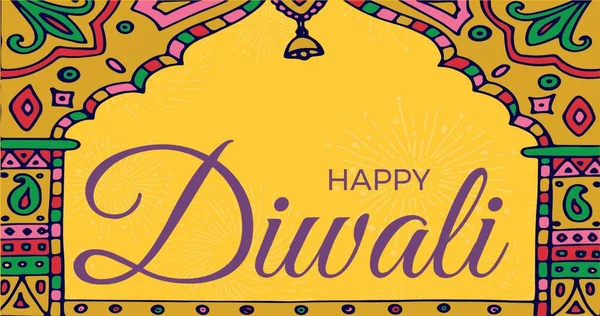 Boldog Diwali Szöveget Közepette Színes Kreatív Boltíves Harang Sárga Háttérrel — Stock Fotó