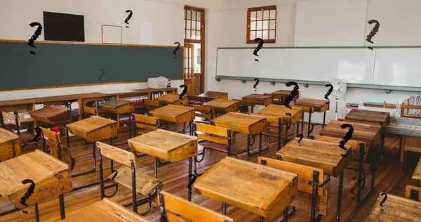 Digital Composite Black Question Marks Empty Classroom Wooden Desks School — Stock Photo, Image