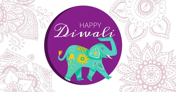Boldog Diwali Szöveget Elefánt Elvont Minta Fehér Háttér Digitális Kompozit — Stock Fotó