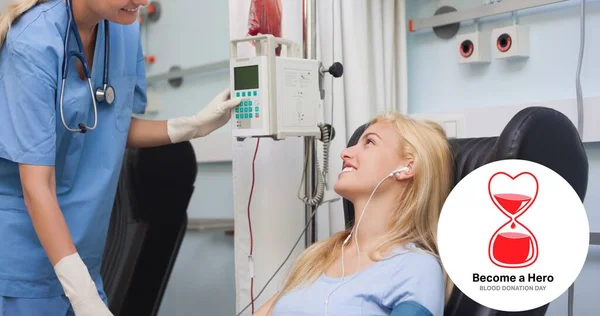 Smiling Young Female Donor Looking Doctor Blood Donation Hospital Digital — Stock Photo, Image