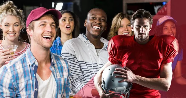 Digital Composite Image Happy Spectators Confident Male American Footballer Holding — Stock Photo, Image