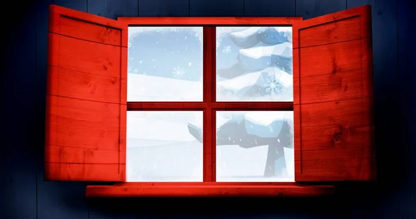 Digitally Generated Image Snow Covered Christmas Tree Seen Window Home — Stock Photo, Image