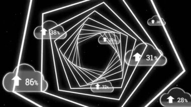 Neon beşgenlerin üzerinde artan sayıdaki bulutların animasyonu. küresel bağlantılar, teknoloji, veri işleme ve dijital arayüz konsepti dijital olarak oluşturulmuş video.