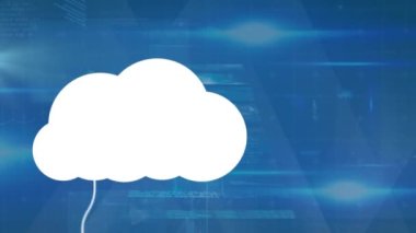 Mavi arkaplanda medya simgeleri ve dijital ekranlı bulutların animasyonu. küresel iş, finans, bağlantılar ve dijital arayüz konsepti dijital olarak oluşturulmuş video.