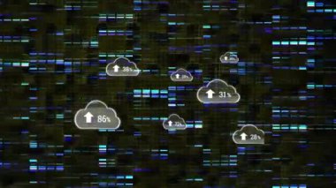 Hareket eden sütunların üzerinde artan sayıdaki bulutların animasyonu. küresel iş, veri işleme ve dijital arayüz kavramı dijital olarak oluşturulmuş video.