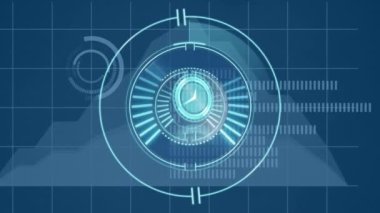 Hareket halindeki saat ve teleskobun grafikte taranması. küresel iş, veri işleme ve dijital arayüz kavramı dijital olarak oluşturulmuş video.