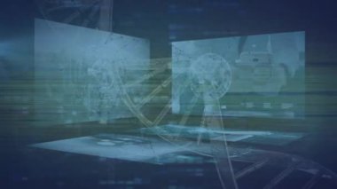 DNA ipliği ve veri işleme üzerindeki parazitin canlandırması. küresel iş, veri işleme ve dijital arayüz kavramı dijital olarak oluşturulmuş video.