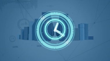 Şehir manzarası ve veri işleme üzerinde hareket eden saatin animasyonu. küresel iş, veri işleme ve dijital arayüz kavramı dijital olarak oluşturulmuş video.