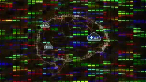 Animación Nubes Con Número Creciente Sobre Cerebro Digital Columnas Móviles — Vídeo de stock