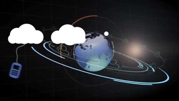 Animazione Nuvole Con Icone Globo Connessioni Globali Tecnologia Elaborazione Dati — Video Stock