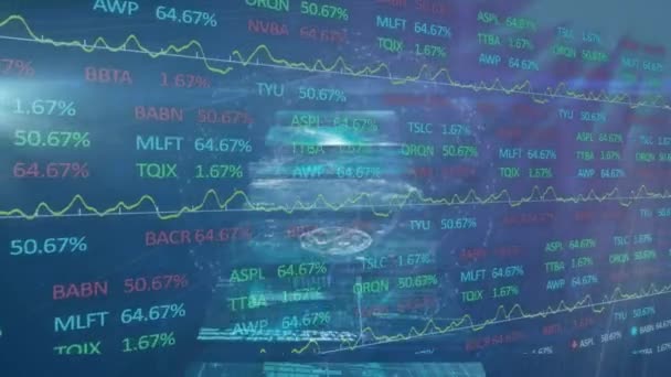 Animação Telas Digitais Processamento Dados Fundo Azul Negócio Global Finanças — Vídeo de Stock