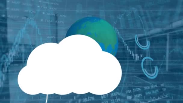 Animación Nubes Con Iconos Globo Procesamiento Datos Financieros Través Oficinas — Vídeos de Stock