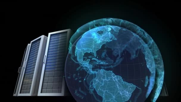 Animation Des Globus Über Computerserver Globale Datenverarbeitung Datentransfer Und Technologiekonzept — Stockvideo