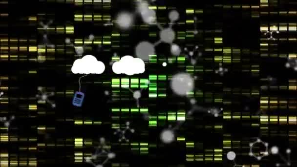 Animatie Van Wolken Met Pictogrammen Bewegende Kolommen Moleculen Mondiaal Bedrijfs — Stockvideo