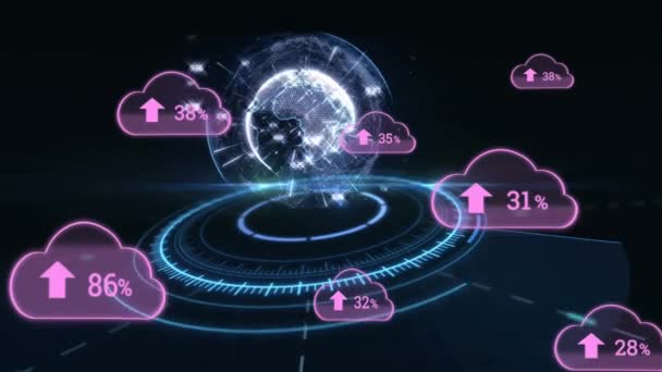 Анимация Облаков Растущим Числом Над Земным Шаром Глобальные Соединения Технологии — стоковое видео