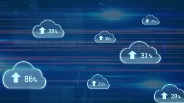 Animering Störningar Över Moln Med Växande Antal Och Databehandling Globalt — Stockvideo