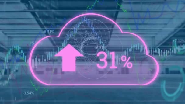 Animace Cloudu Rostoucím Počtem Zpracováním Finančních Údajů Nad Prázdnou Kanceláří — Stock video