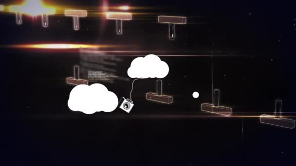 Animacja Chmur Ikonami Nad Pasmem Dna Przetwarzanie Danych Globalny Biznes — Wideo stockowe