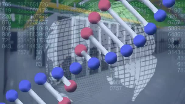 Κινούμενα Σχέδια Επεξεργασίας Δεδομένων Dna Strand Globe Server Room Παγκόσμιες — Αρχείο Βίντεο