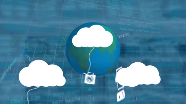 Animação Nuvens Com Ícones Globo Sobre Processamento Dados Conceito Global — Vídeo de Stock