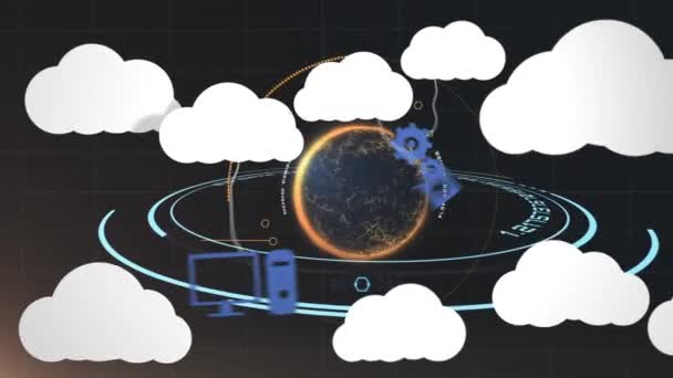 Animatie Van Wolken Met Pictogrammen Hele Wereld Gegevensverwerking Mondiale Verbindingen — Stockvideo