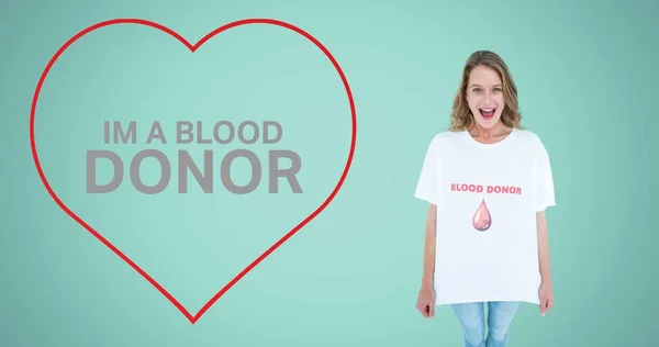 Vér Donor Szöveg Vagyok Piros Szív Alakban Mosolygó Nőtől Aki — Stock Fotó