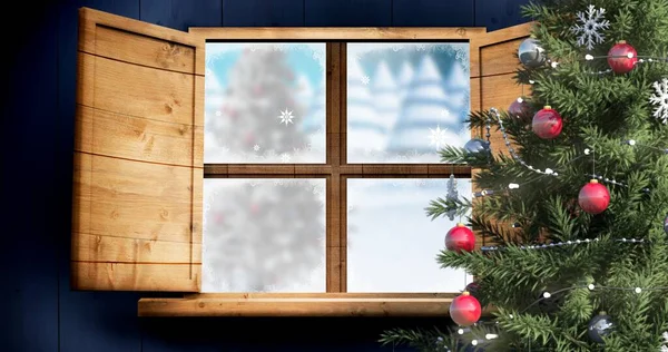 Digitales Zusammengesetztes Bild Des Geschmückten Weihnachtsbaums Durch Fenster Hause Kopierraum — Stockfoto