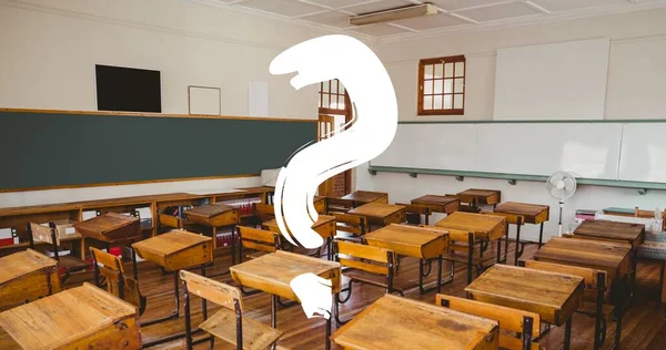 Digital Composite Question Mark Empty Desk Arranged Classroom School Education — Stock Photo, Image
